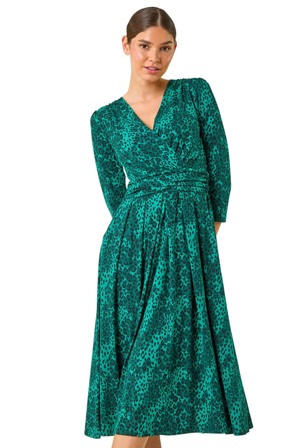 Roman Green Animal Print Mock Wrap Midi Dress - 16 Image 1