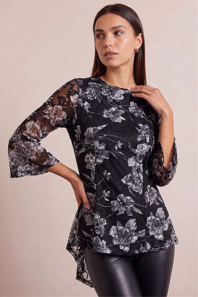 Roman Charcoal Floral Lace Stretch Top