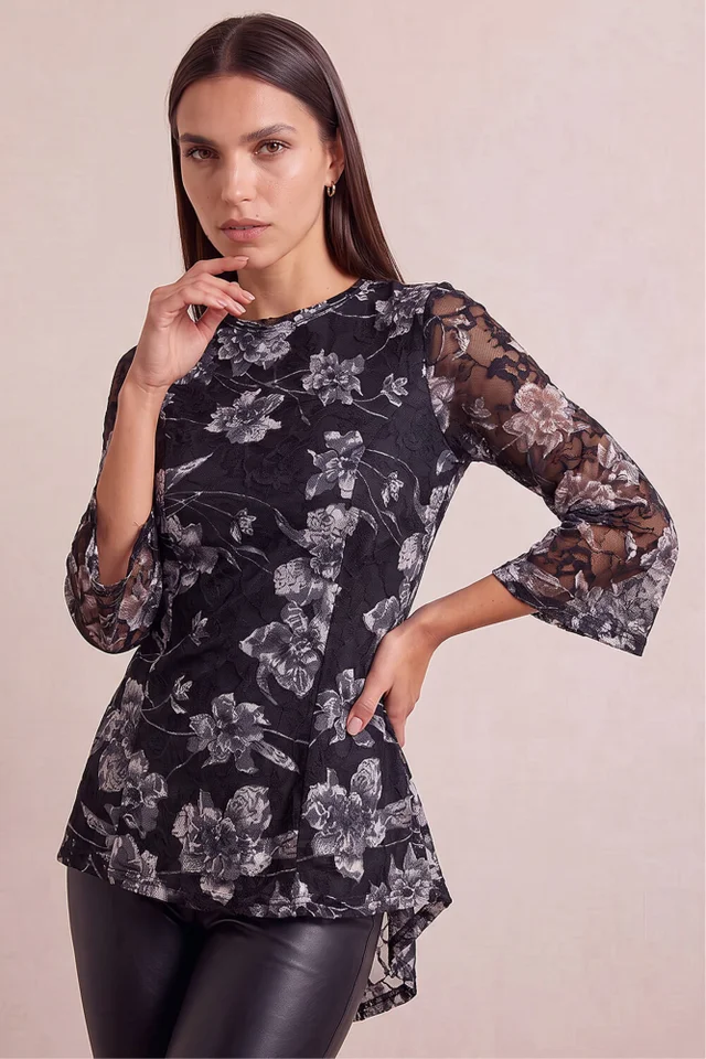 Roman Charcoal Floral Lace Stretch Top