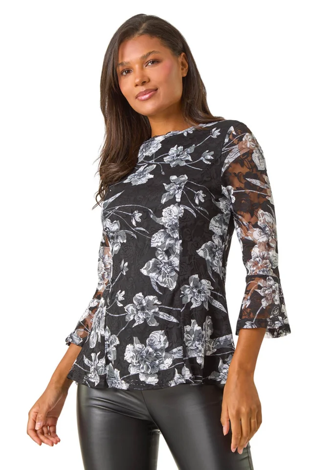 Roman Charcoal Floral Lace Stretch Top