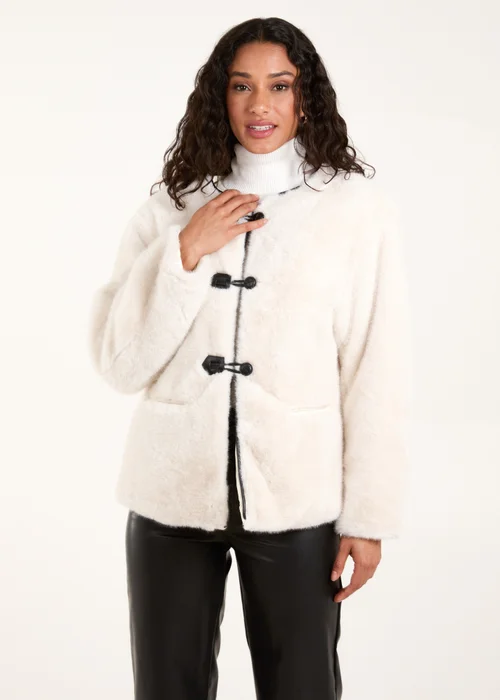 Blue Vanilla Cream Collarless Toggle Detail Fur Jacket - XL Image 3