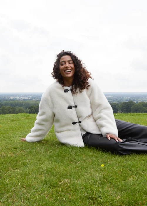 Blue Vanilla Cream Collarless Toggle Detail Fur Jacket - XL Image 1