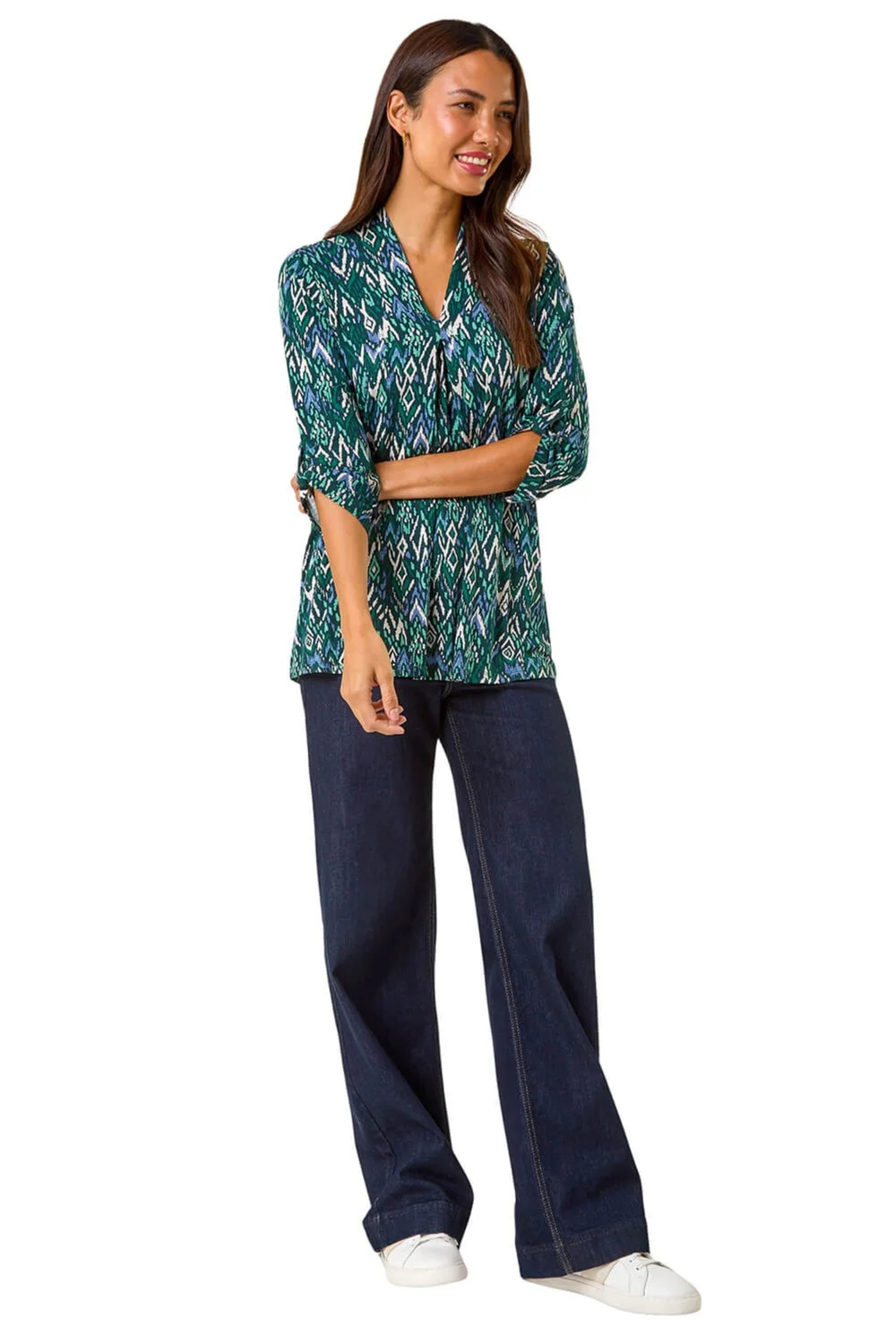 Roman Teal Abstract Print Front Pleat Stretch Top - Size 16 Image 2