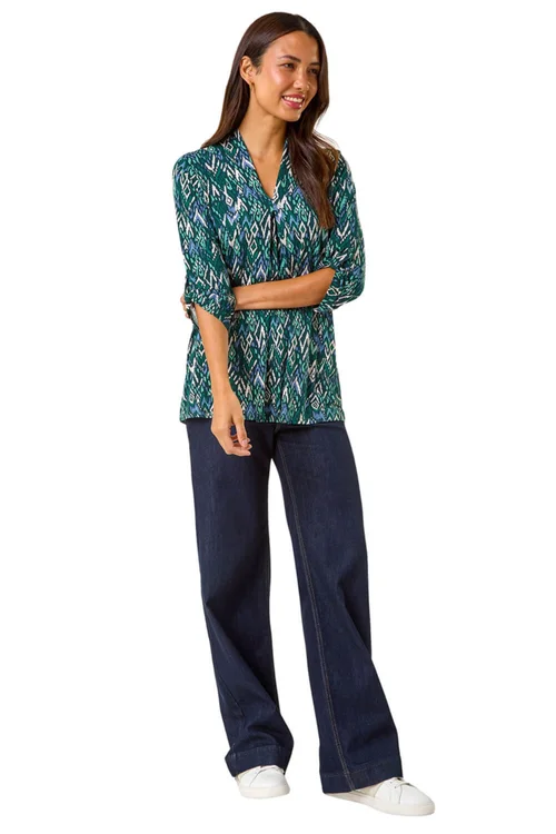 Roman Teal Abstract Print Front Pleat Stretch Top - Size 16 Image 2