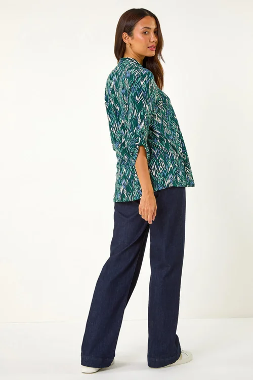 Roman Teal Abstract Print Front Pleat Stretch Top - Size 16 Image 4