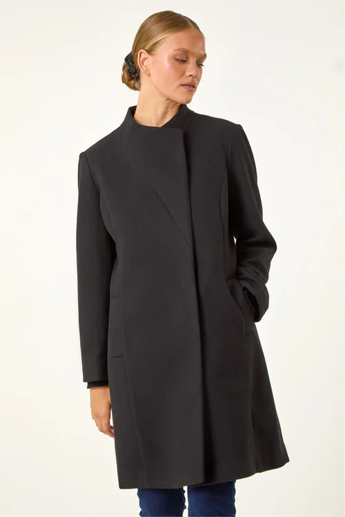Roman Black Tailored Funnel Neck Pocket Detail Coat - 18 Image 4