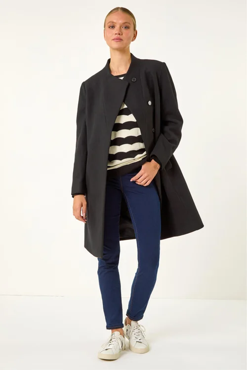Roman Black Tailored Funnel Neck Pocket Detail Coat - 18 Image 1