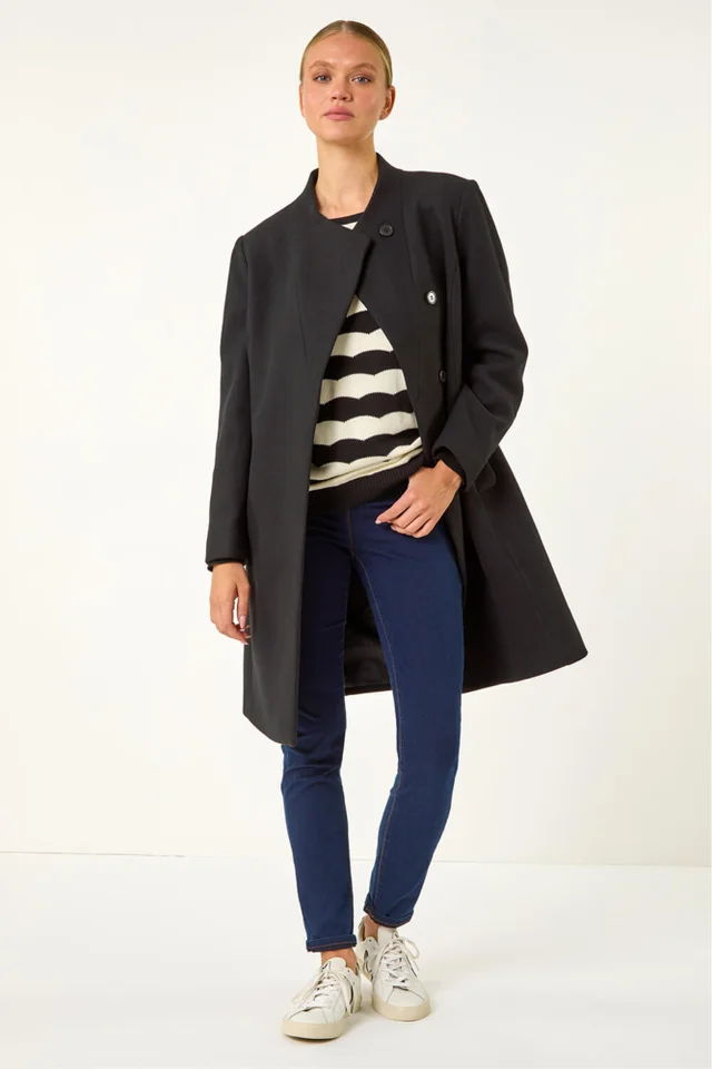 Roman Black Tailored Funnel Neck Pocket Detail Coat