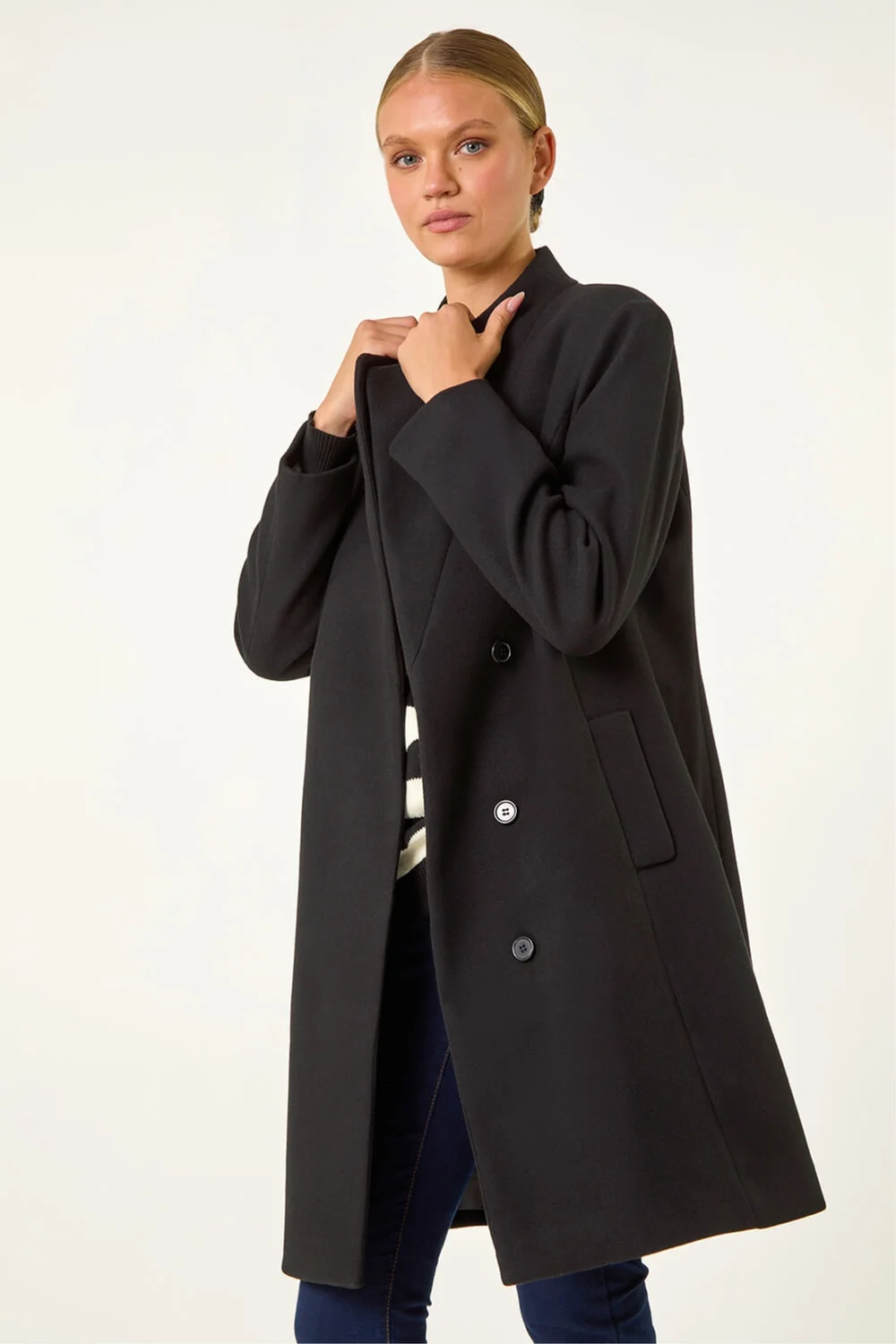 Roman Black Tailored Funnel Neck Pocket Detail Coat - 18 Image 2