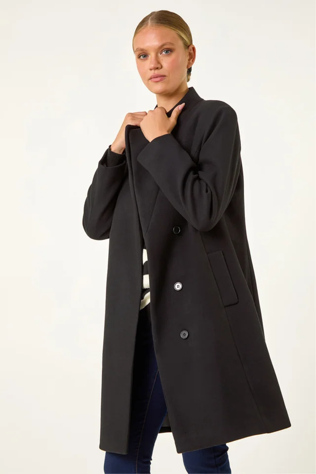 Roman Black Tailored Funnel Neck Pocket Detail Coat