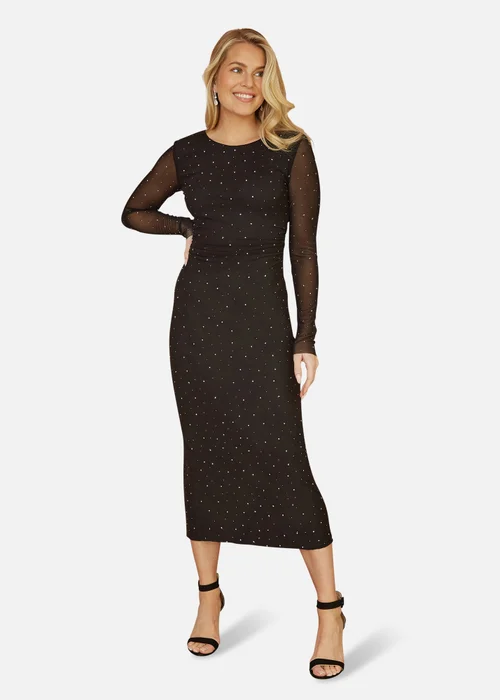Yumi Black Mesh Bodycon Midi Dress With Tie Back and Diamantes - 14 Image 1