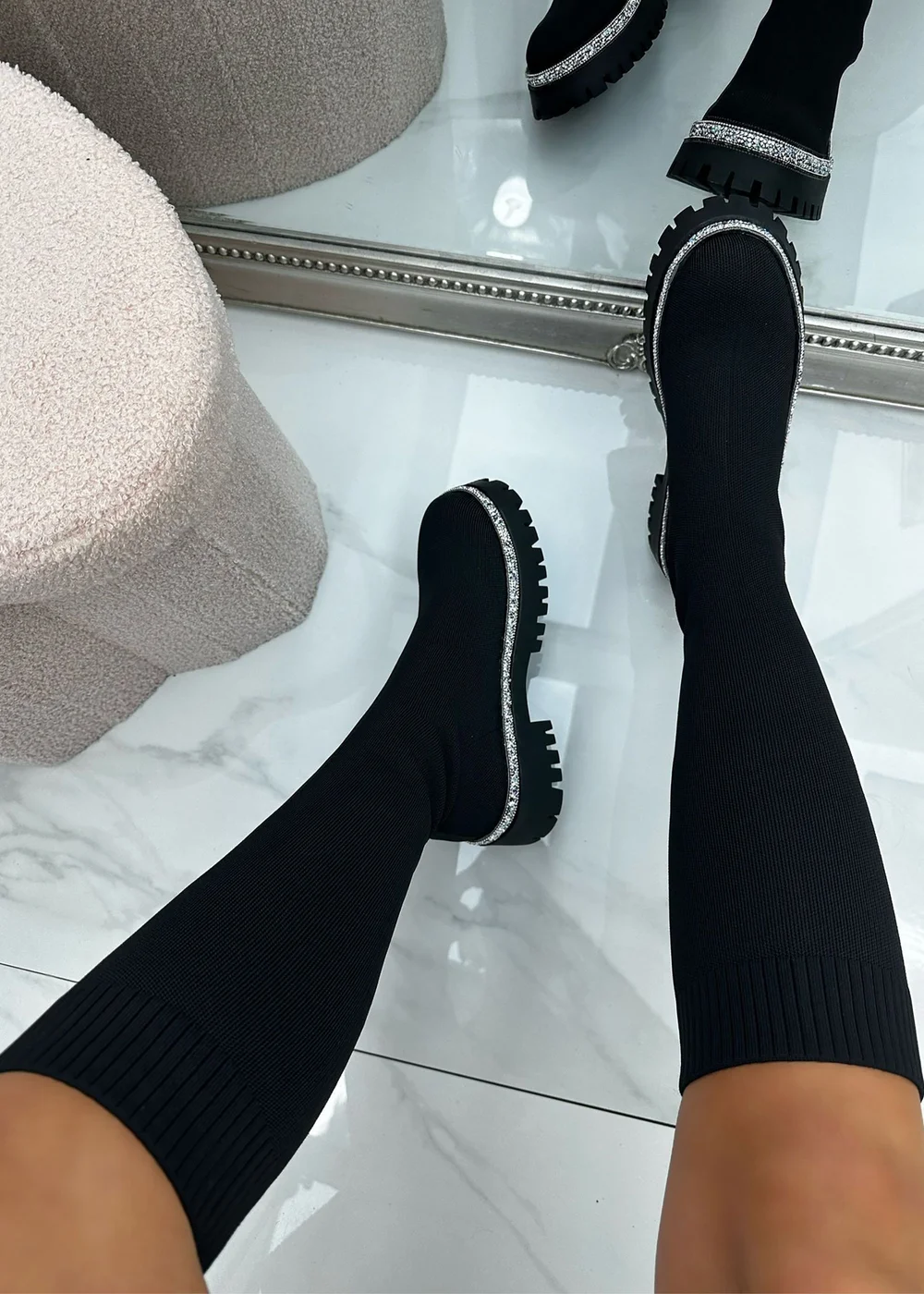 Love Lemonade Black Sparkly Calf Stretch Sock Boots - Size 7 Image 1