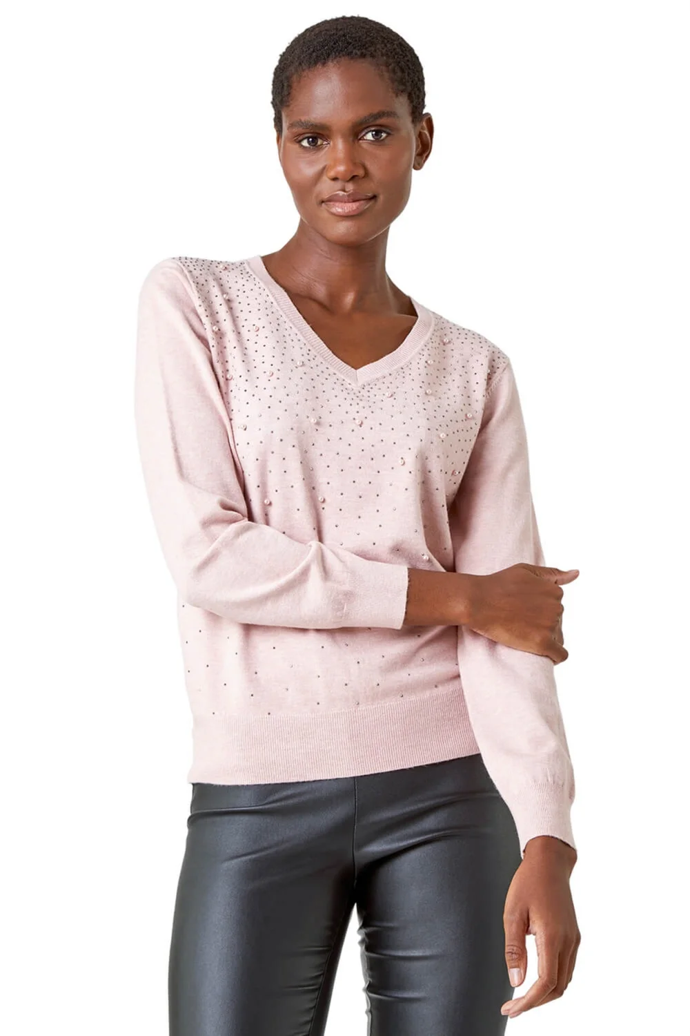 Roman Pink Pearl Sparkle Embellished Jumper - Size 12 Image 1