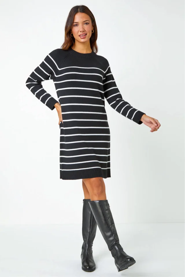 Roman Black Stripe Print Knitted Jumper Dress