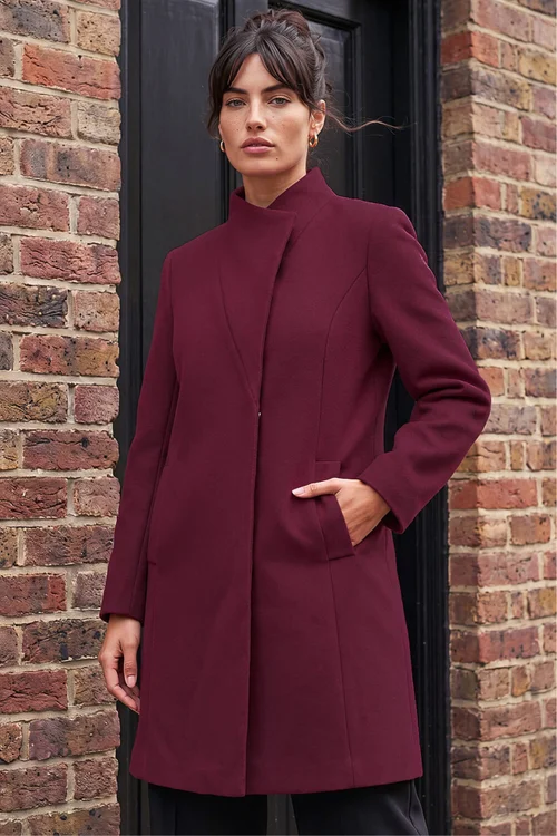 Roman Burgundy Tailored Funnel Neck Pocket Detail Coat - 20 Image 1