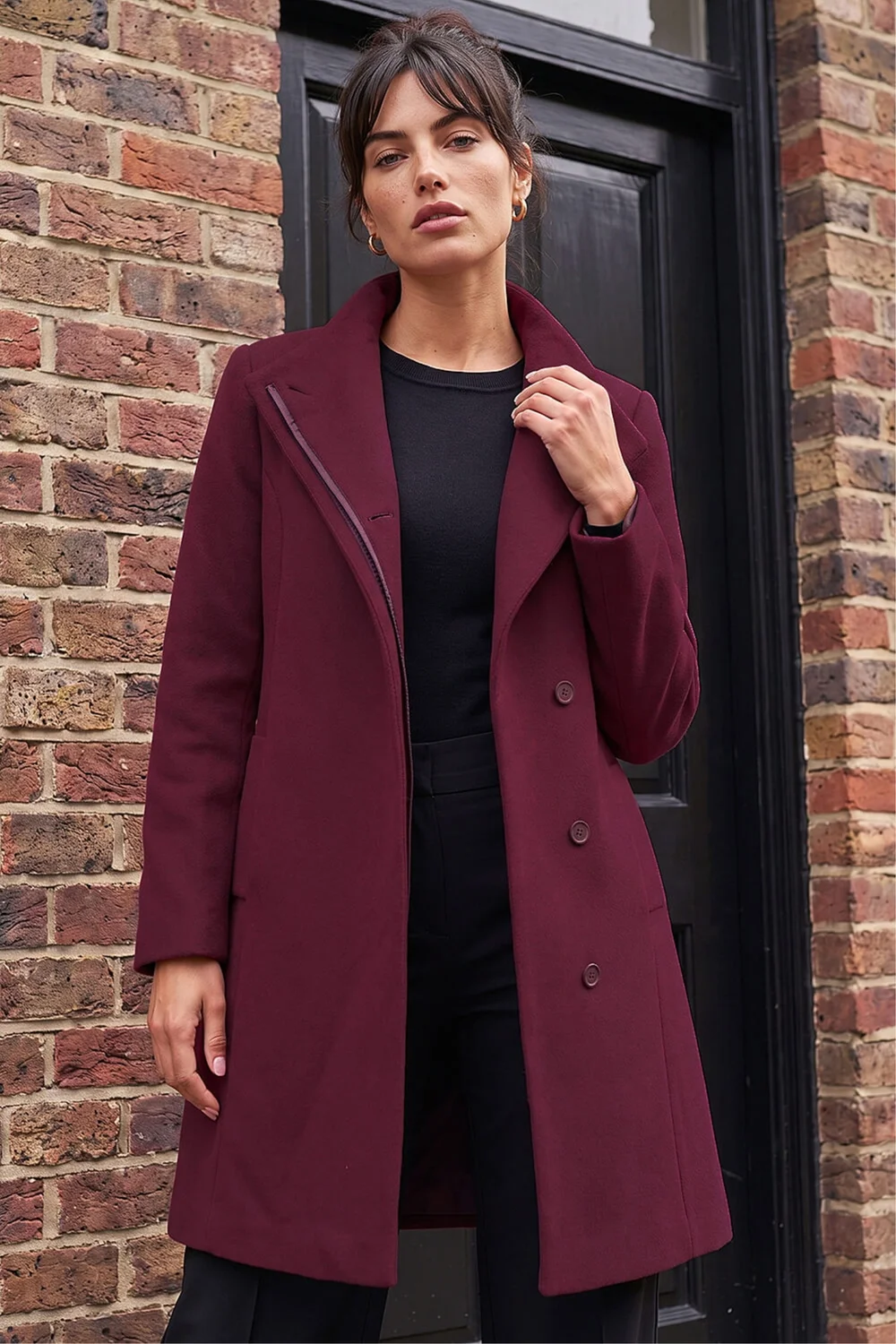 Roman Burgundy Tailored Funnel Neck Pocket Detail Coat - 20 Image 2