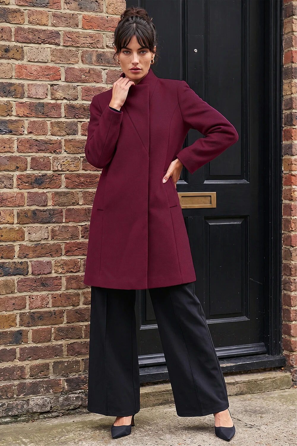 Roman Burgundy Tailored Funnel Neck Pocket Detail Coat - 20 Image 3