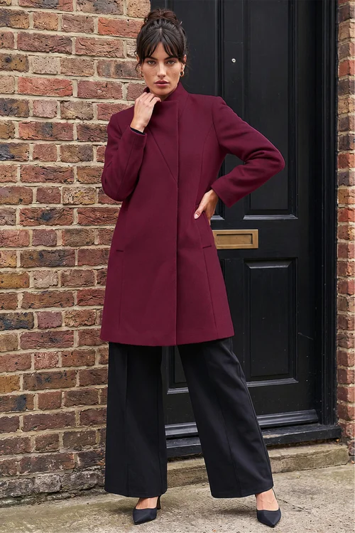 Roman Burgundy Tailored Funnel Neck Pocket Detail Coat - 20 Image 3