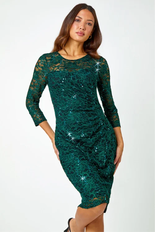 Roman Green Sequin Lace Ruched Stretch Dress - 12 Image 2