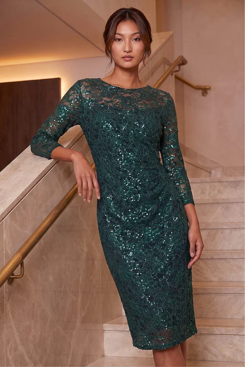 Roman Green Sequin Lace Ruched Stretch Dress - 14 Image 2