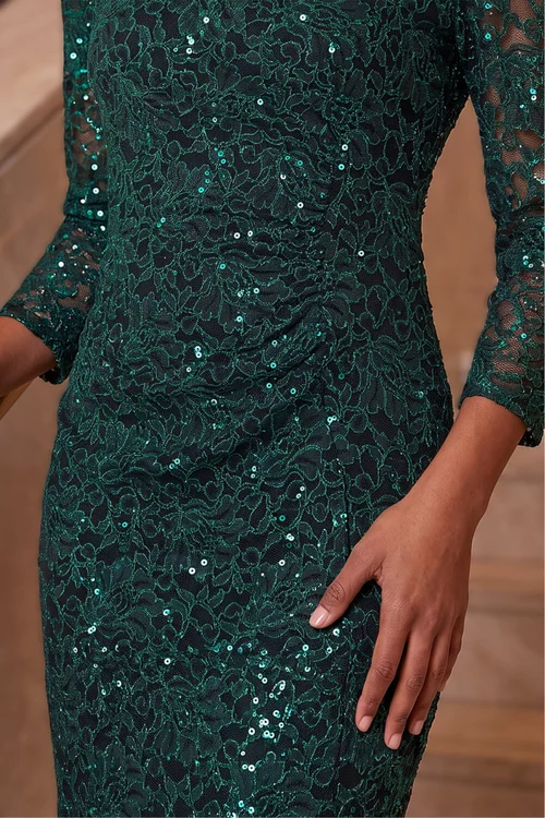 Roman Green Sequin Lace Ruched Stretch Dress - 14 Image 4