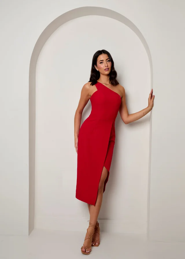 Chi Chi London Red One Shoulder Split Detail Midi Dress