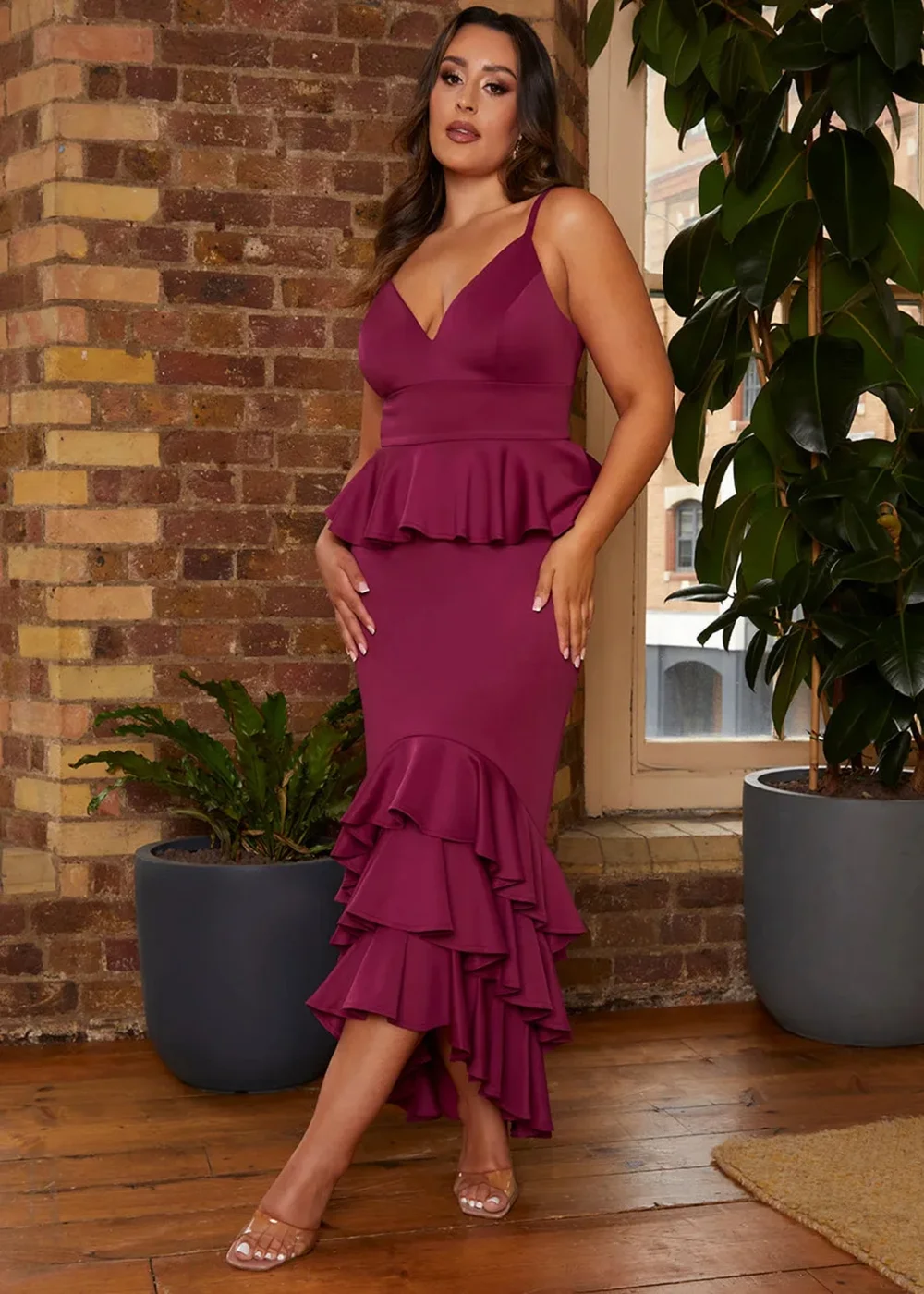 Chi Chi London Purple Cami Strap Ruffle Detail Bodycon Midi Dress - Size 10 Image 1