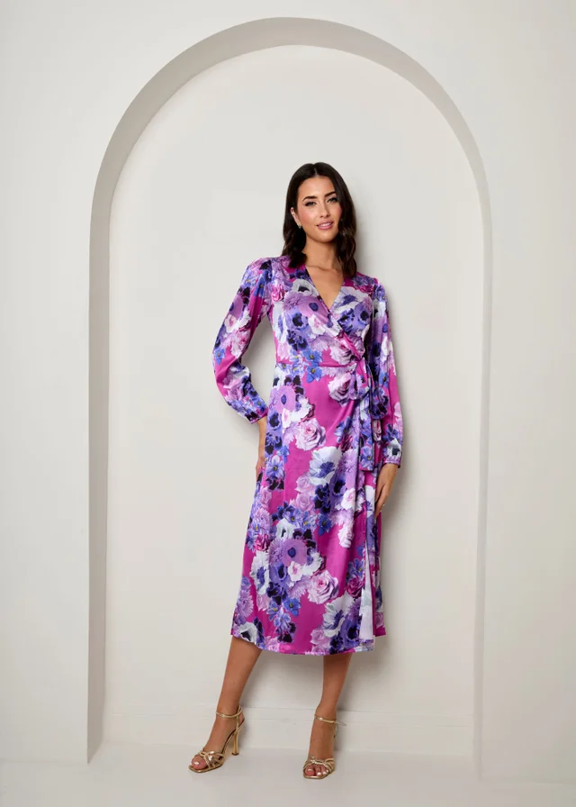 Chi Chi London Purple Long Sleeve Floral Wrap Dress