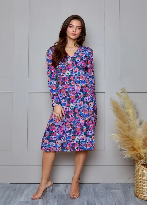 Chi Chi London Multi Floral Button Through Midi Dress - Size 8 Image 1