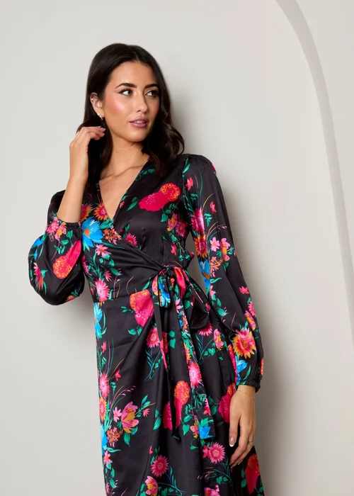 Chi Chi London Black Long Sleeve Floral Wrap Dress - Size 10 Image 2