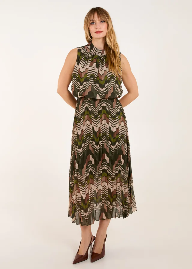 Blue Vanilla Khaki Tile Print High Neck Sleeveless Dress