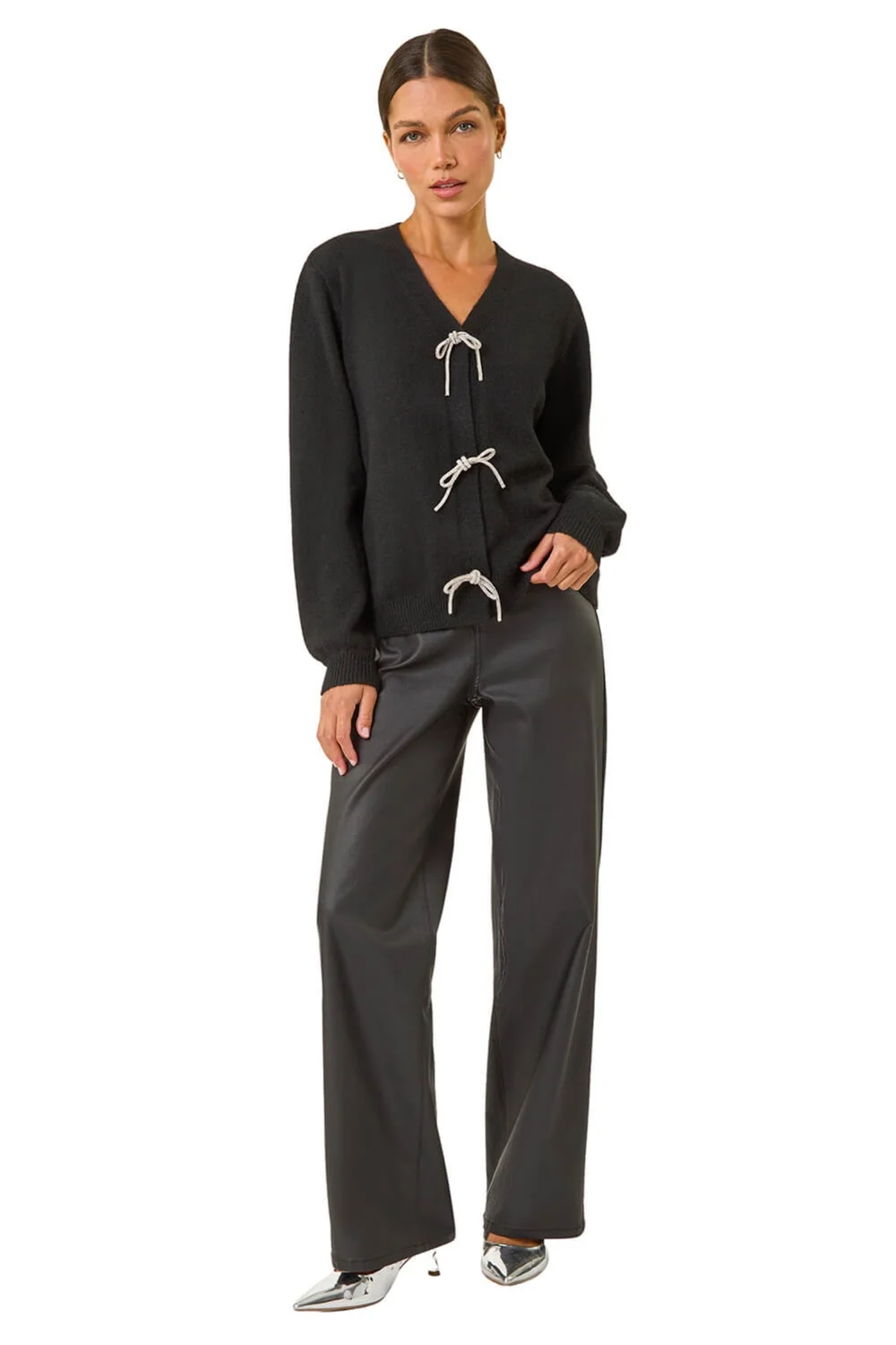 Roman Black Bow Embelished Knit Cardigan - Size 14 Image 2