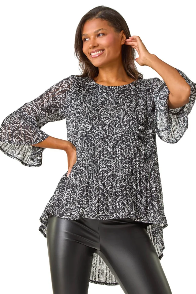 Roman Black Floral Print Pleated Tunic