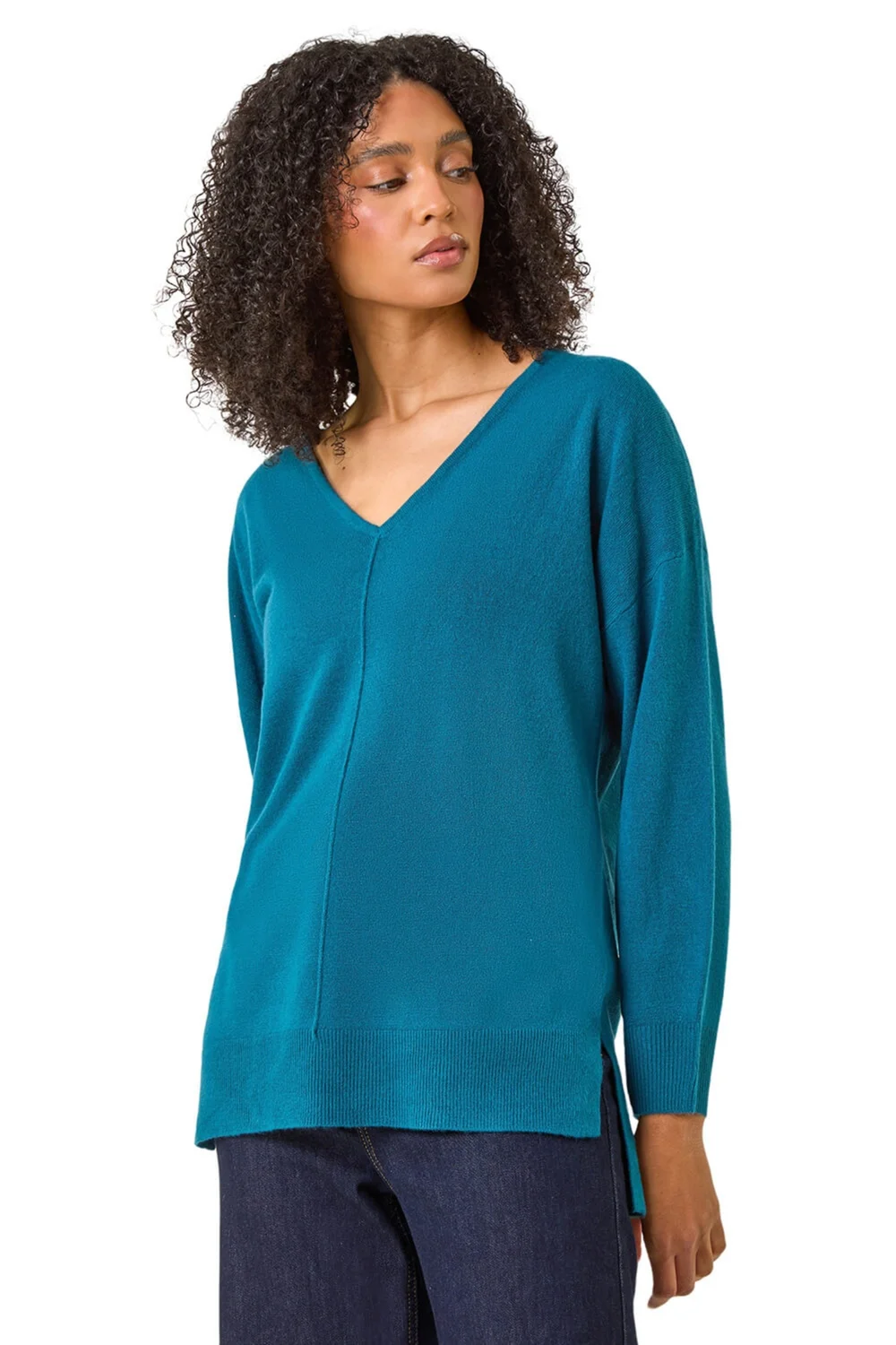 Roman Teal Soft V-Neck Side Split Knit Sweater - Size 14 Image 1