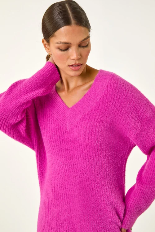 Roman Magenta Plain V-Neck Fluffy Knit Jumper - Size 16 Image 2
