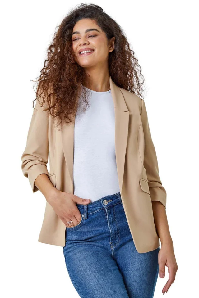 Roman Natural Ruched 3/4 Sleeve Stretch Blazer Jacket