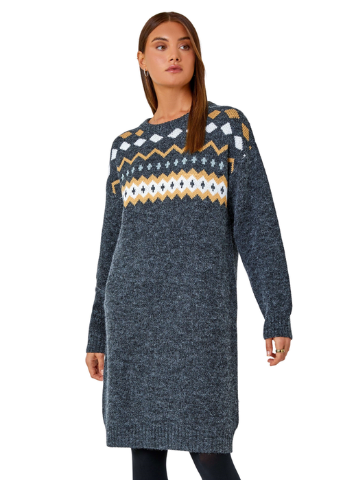 Roman Dark Grey Nordic Print Knitted Jumper Dress - Size 20 Image 1