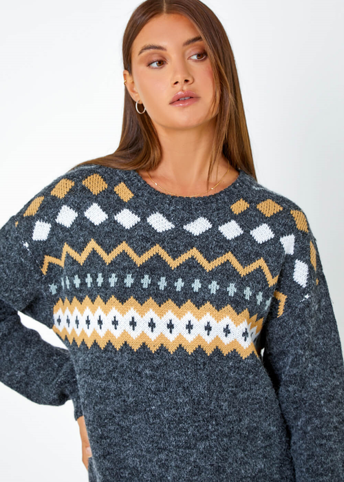 Roman Dark Grey Nordic Print Knitted Jumper Dress - Size 20 Image 4