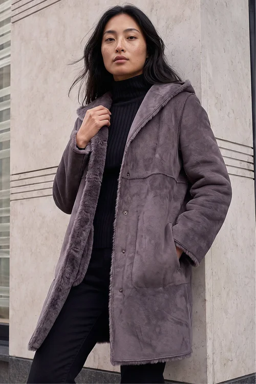 Roman Taupe Petite Faux Sheepskin Reversable Hooded Coat - 16 Image 1