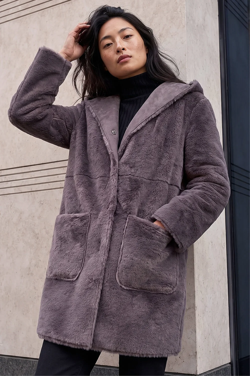 Roman Taupe Petite Faux Sheepskin Reversable Hooded Coat - 16 Image 2