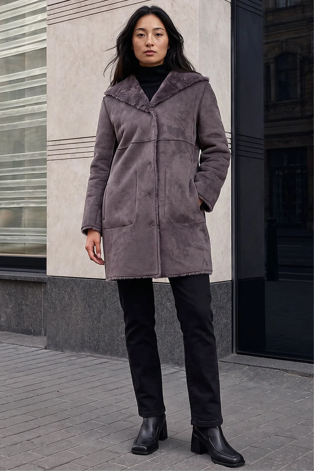 Roman Taupe Petite Faux Sheepskin Reversable Hooded Coat - 16 Image 3