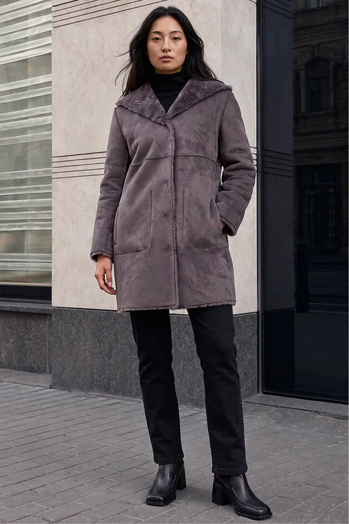 Roman Taupe Petite Faux Sheepskin Reversable Hooded Coat - 16 Image 3