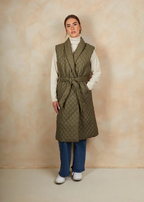 Chi Chi London Khaki Diamond Quilted Longline Belted Gilet - 10 Image 1