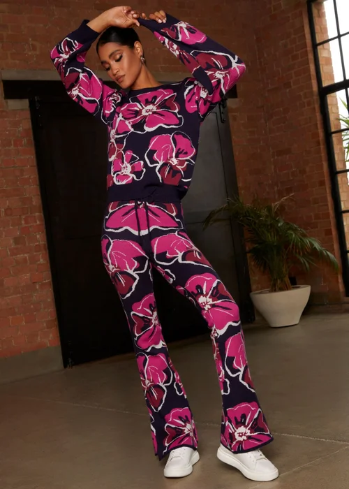 Chi Chi London Navy Abstract Floral Wide Leg Trousers - L Image 1