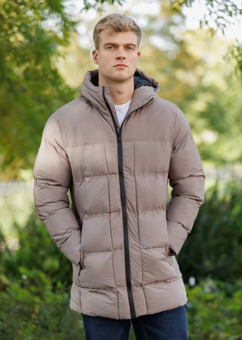 Brave Soul Taupe Longline Padded Hooded Jacket - XL Image 1