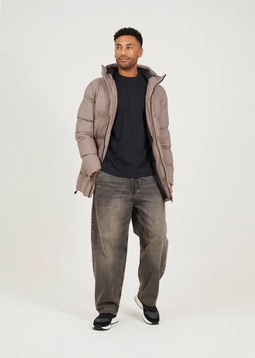 Brave Soul Taupe Longline Padded Hooded Jacket - XL Image 6