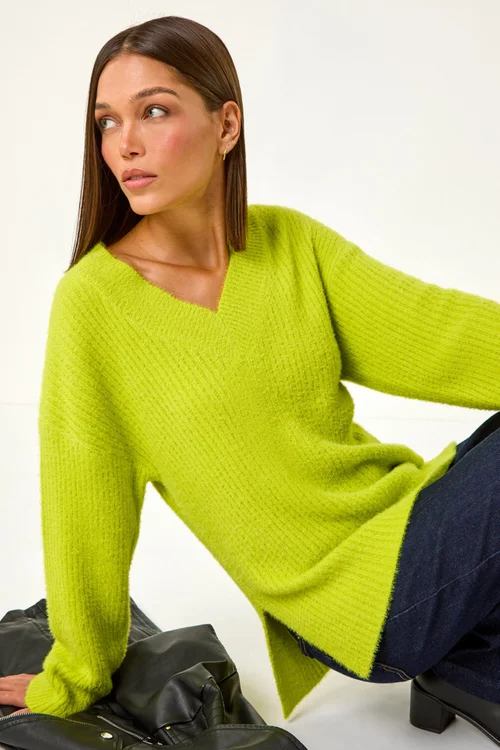 Roman Lime Plain V-Neck Fluffy Knit Jumper - Size 14 Image 3