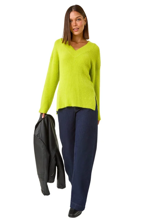 Roman Lime Plain V-Neck Fluffy Knit Jumper - Size 14 Image 2