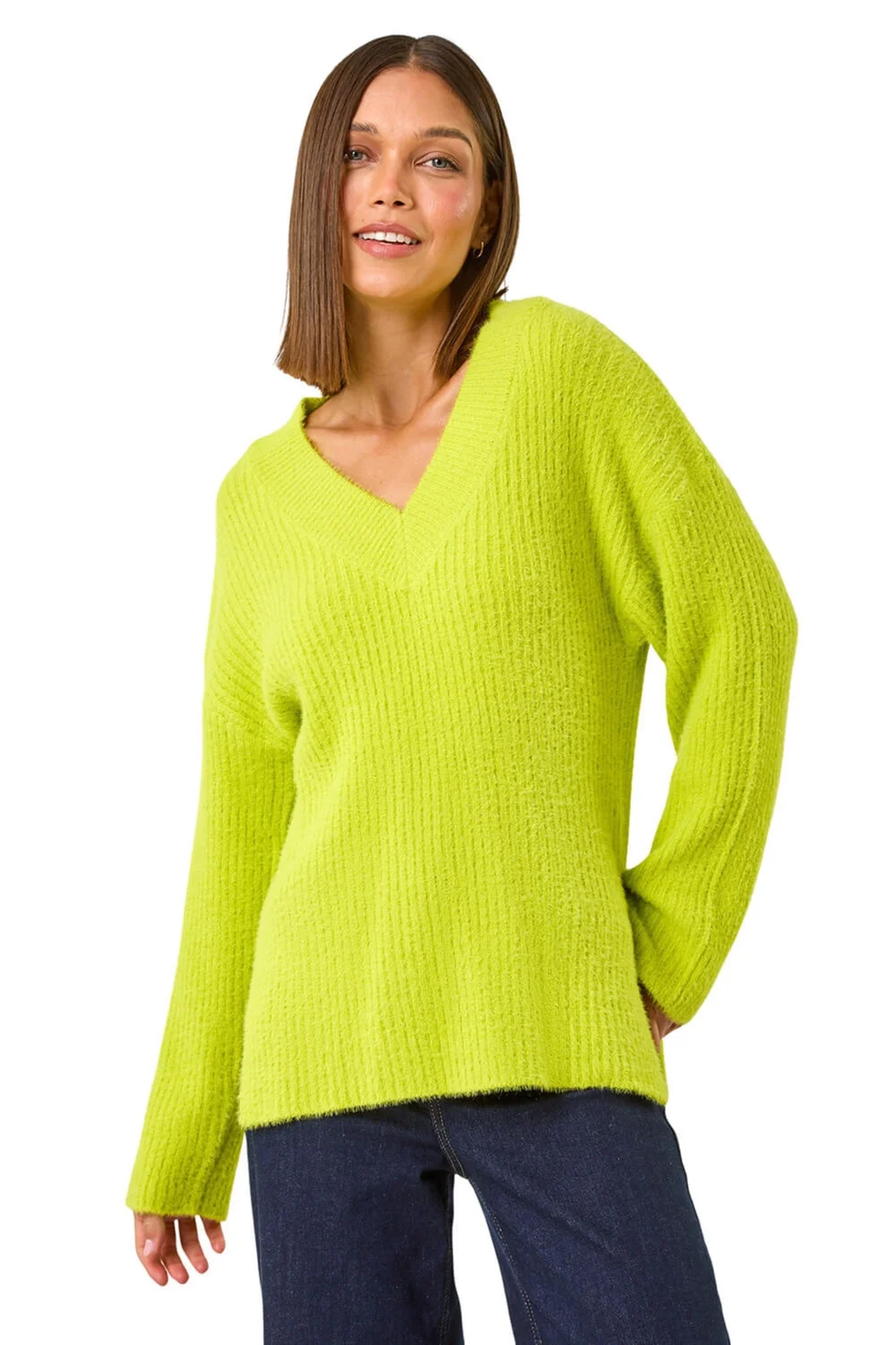 Roman Lime Plain V-Neck Fluffy Knit Jumper - Size 14 Image 1