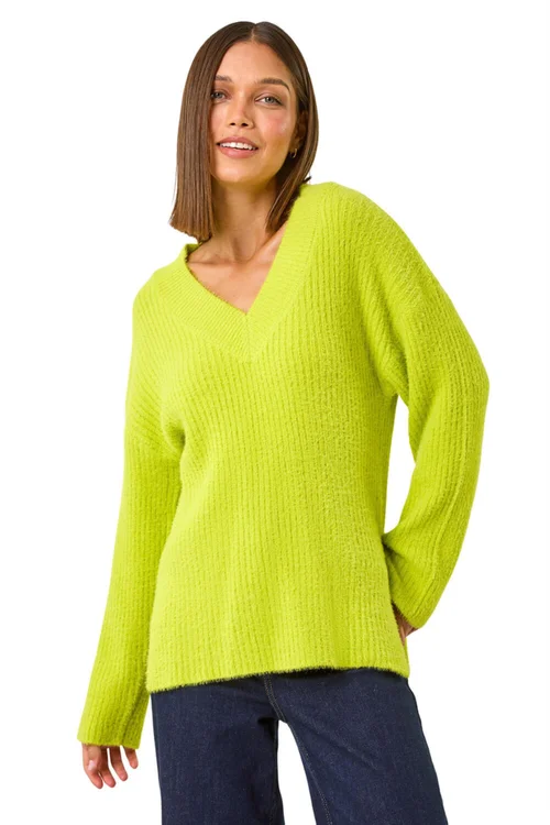 Roman Lime Plain V-Neck Fluffy Knit Jumper - Size 14 Image 1